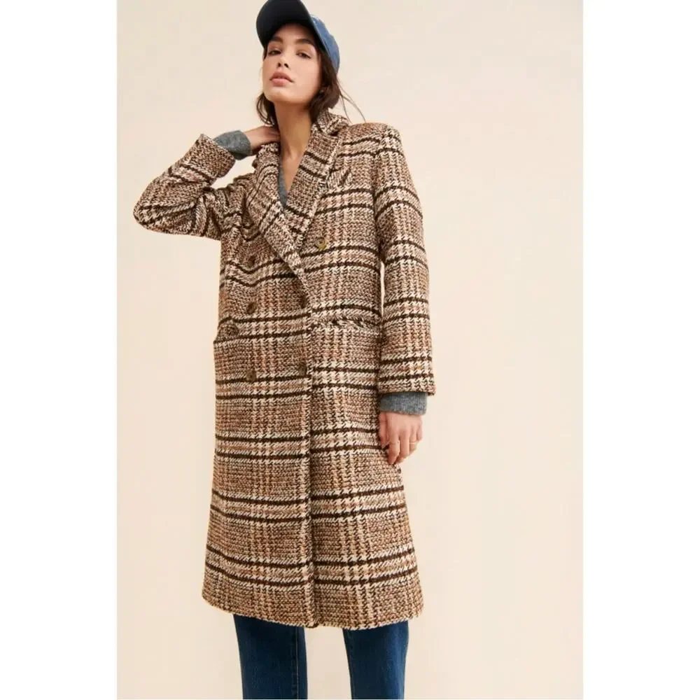 Free People Grunge Preppy Adore You Plaid Longline Wool Coat Brown Small